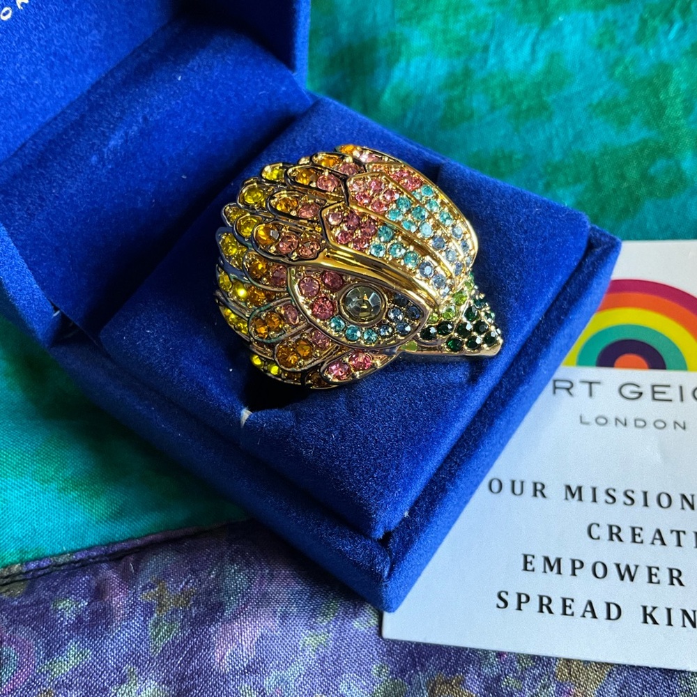 NEW$148 Kurt Geiger LONDON Pave Eagle Ring in Box Rainbow Crystals Gold